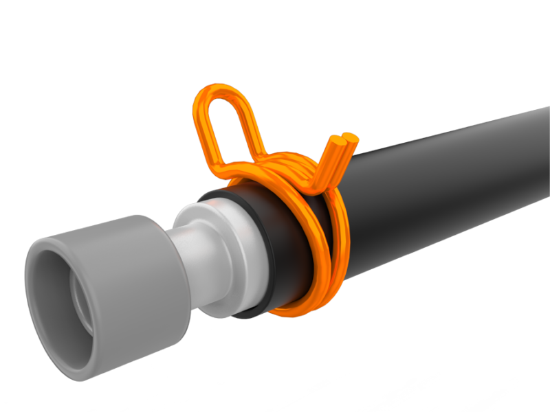 Rendered image showing a hose clamp securing an airline hose to a pneumatic fitting.
