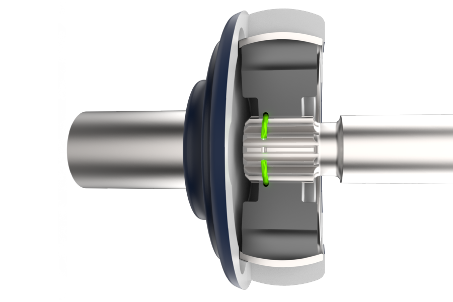 Rendered image of a round-wire snap ring retaining the inner race within a CV joint.