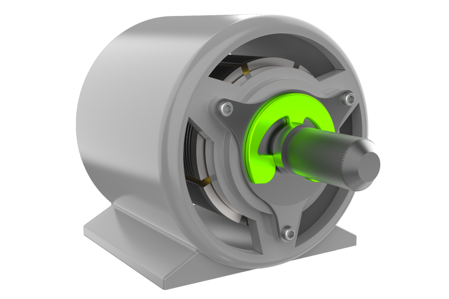 Rendered image of an E-ring retaining an internal shaft or bearing within an electric motor.