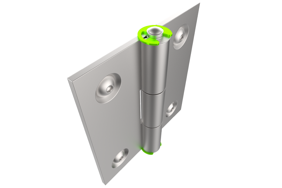 Rendered image showing an E-ring retaining a hinge pin in a mechanical hinge.