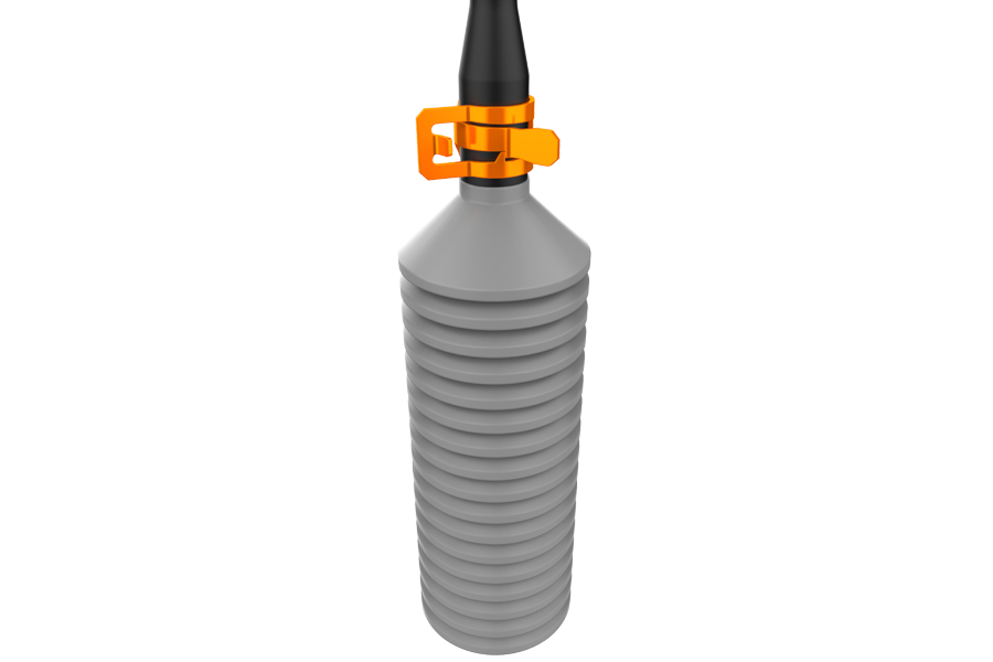 Rendered image showing a hose clamp fastening a dust boot on a power steering component.