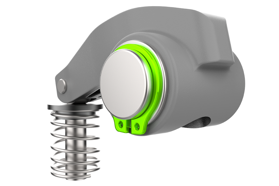 Rendered image of an SH shaft ring retaining a rocker arm on its pivot shaft.