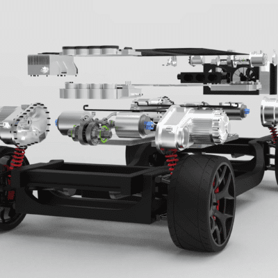 custom ev vehicle graphic exploded, highlighting retaining rings, wave springs and hose clamps used inside the vehicle