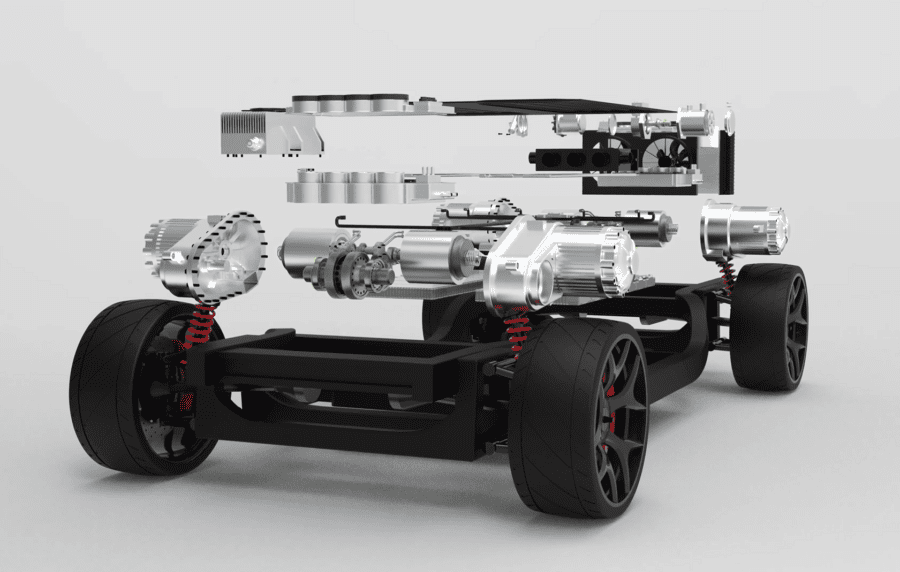 custom ev vehicle graphic exploded, highlighting retaining rings, wave springs and hose clamps used inside the vehicle