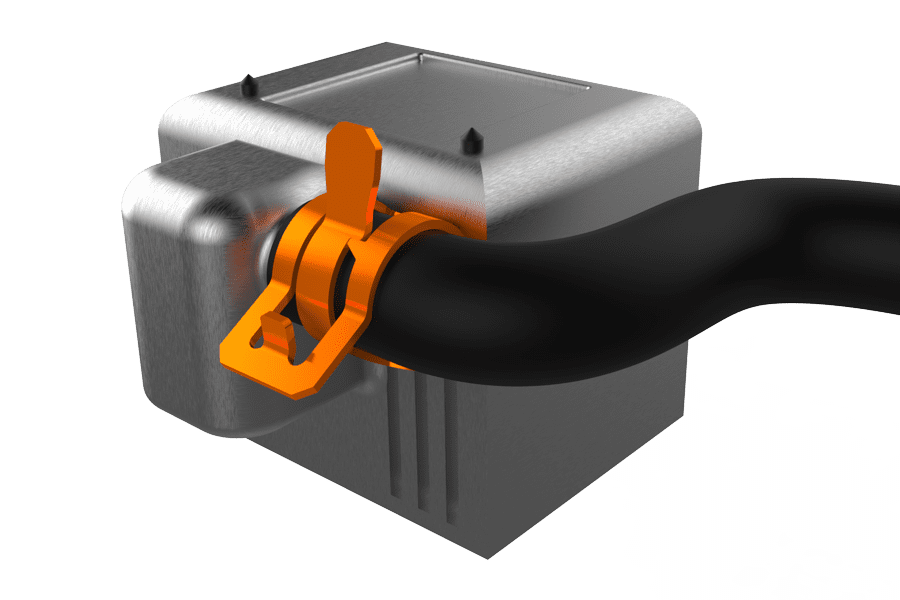 Rendered image of a hose clamp installed on a coolant overflow tank hose in an automotive cooling system.