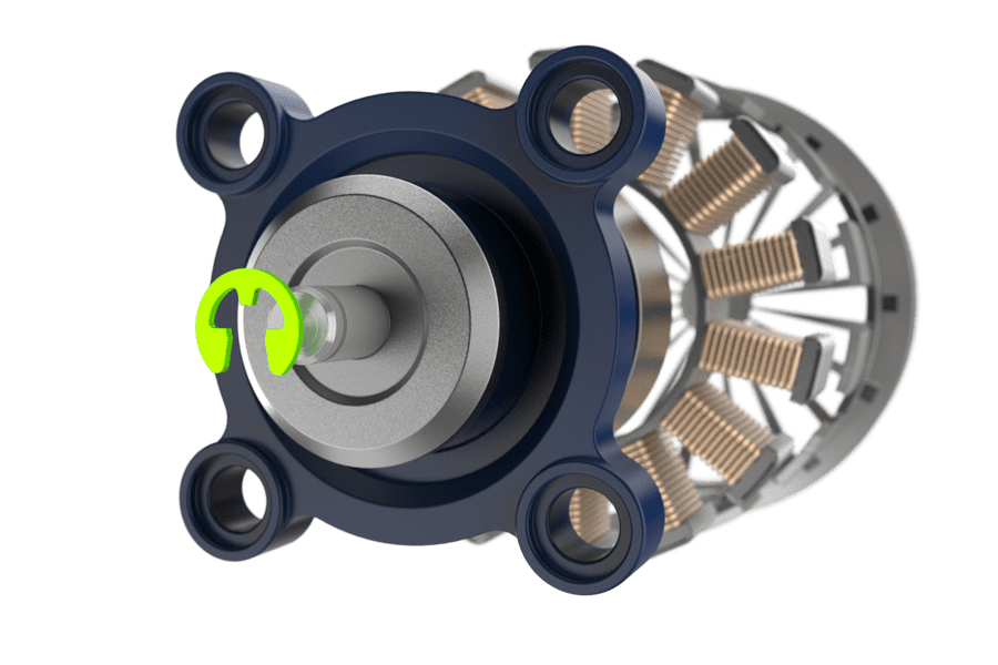 Rendered image showing an E-ring retaining a small rotor shaft within a drone motor.