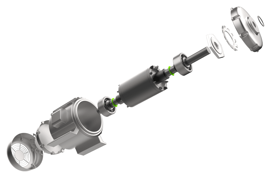 Rendered image showing a balanced retaining ring securing a high-speed rotor within an EV motor.