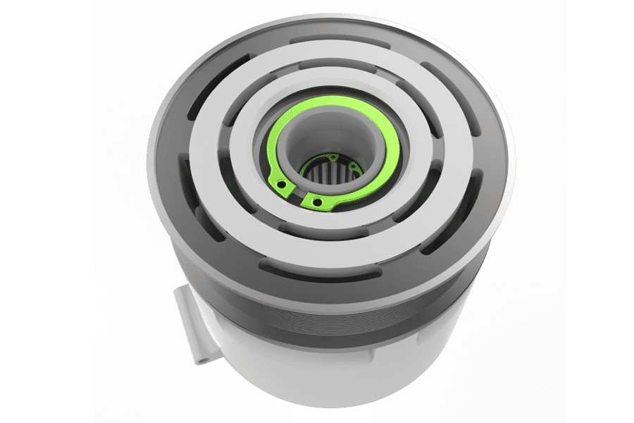 Rendered image of a retaining ring securing a pulley to its shaft.