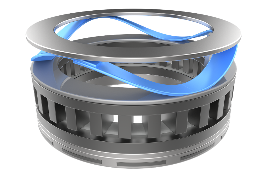 An illustration of a single-turn wave spring integrated into an ultrasonic motor assembly, providing controlled spring force in a compact design. The spring supports consistent contact between components while accommodating limited installation space.
