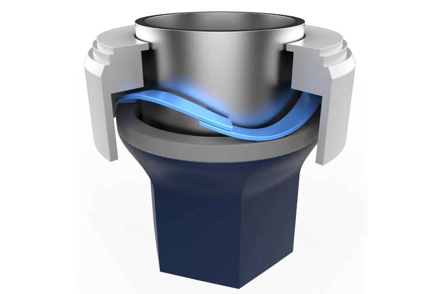 An illustration of a single-turn wave spring used in a quick connector assembly, providing controlled spring force within a compact installation space. The spring supports reliable connector engagement in industrial applications.